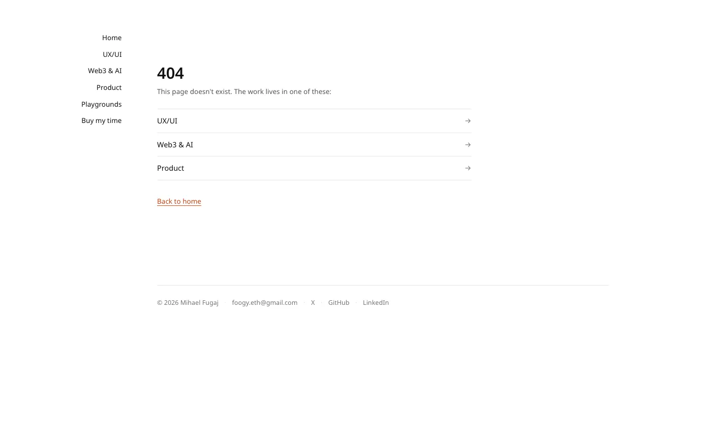 The new 404 page: a short message, links to UX/UI, Web3 & AI and Product as full-width rows, and a link back home.
