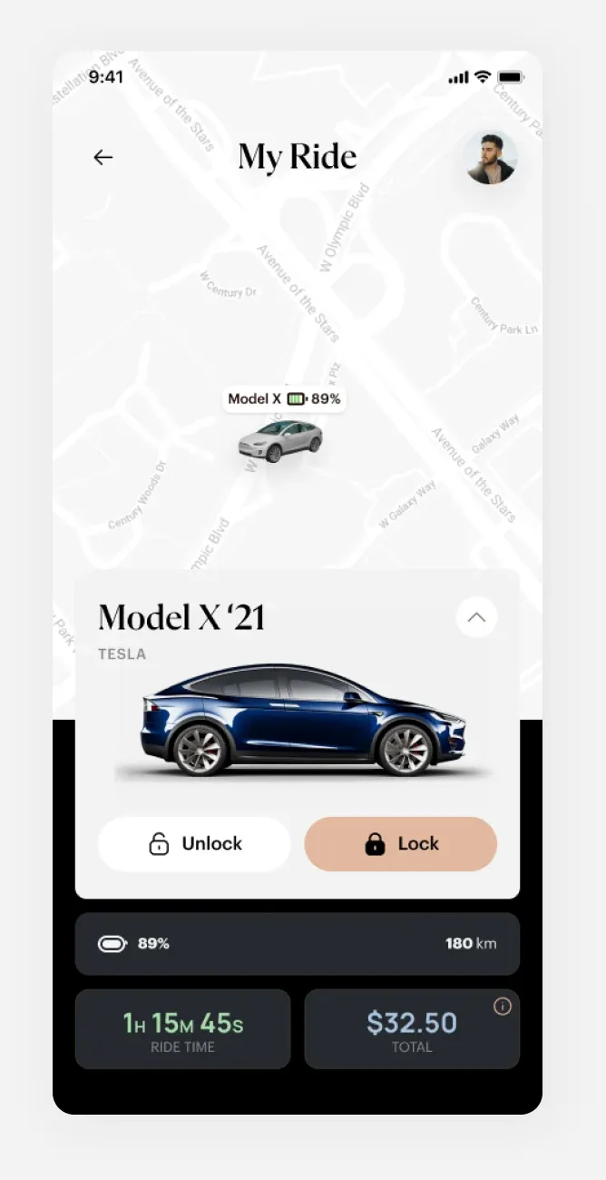 My Ride screen: the booked Model X on a map at 89% charge, with Unlock and Lock buttons, and the ride time and running total ($32.50) below.