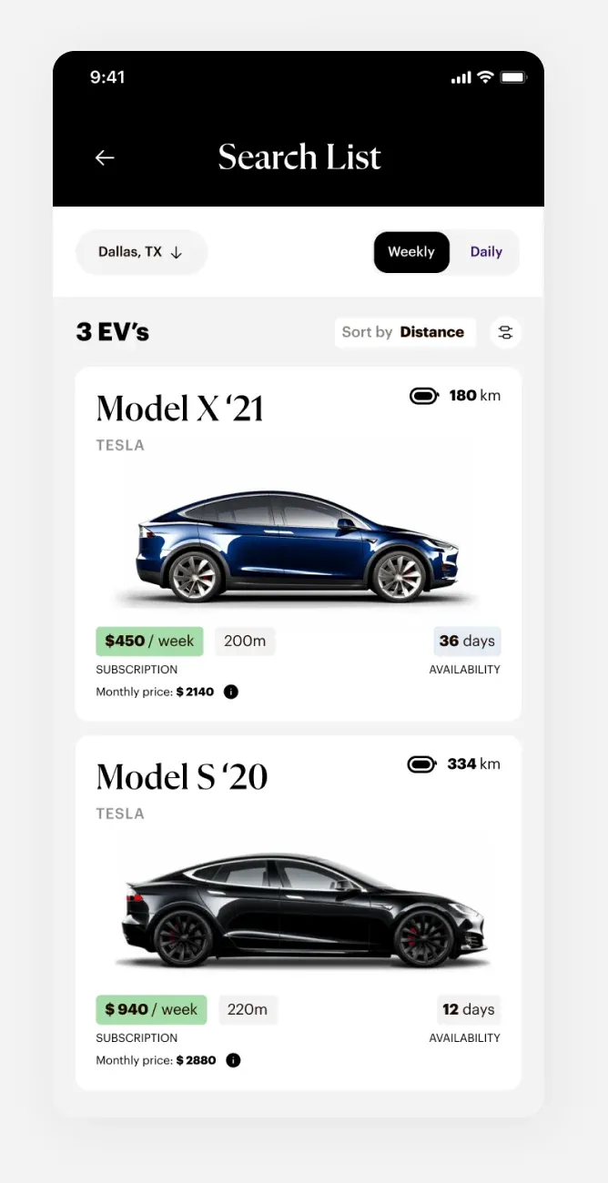 Search List screen: Tesla Model X '21 and Model S '20 cards, each with a weekly price, subscription and monthly price, range and availability in days, under a Weekly/Daily switch.